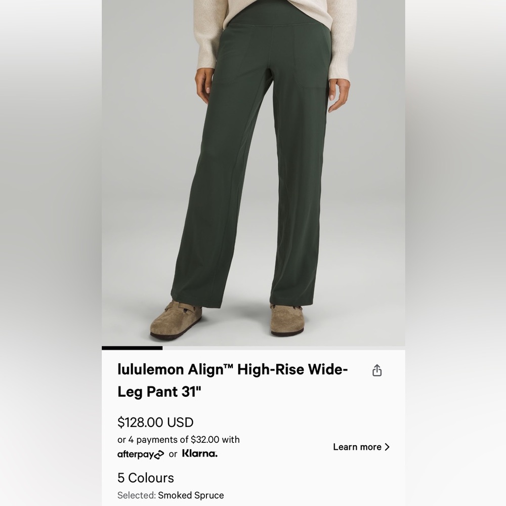 Lululemon Align wide leg pant 31in
Size 8
Smoked spruce